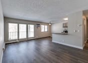 Thumbnail 29 of 31 - A spacious living room with hardwood floors and a kitchenette in the background.