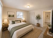 Thumbnail 20 of 23 - A bedroom with a large bed and a small tree in a pot.