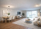 Thumbnail 11 of 47 - A well-lit living room with a dining table and chairs.