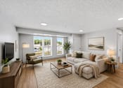 Thumbnail 1 of 54 - A modern living room with a large window, a sofa, a coffee table, and a TV.