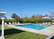 Thumbnail 18 of 22 - A pool surrounded by lawn chairs and trees.