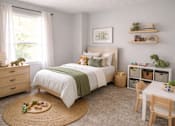 Thumbnail 9 of 22 - A cozy bedroom with a bed, a dresser, a nightstand, a chair, and a table.