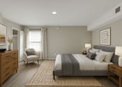 Thumbnail 3 of 13 - A bedroom with a large bed, a chair, and a dresser.