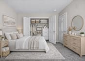Thumbnail 12 of 17 - A well-lit bedroom with a large bed, a dresser, and a wardrobe.