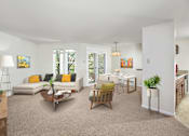 Thumbnail 1 of 13 - A living room with a white couch and a yellow pillow.