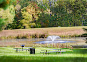 Thumbnail 12 of 13 - A fountain in the middle of a grassy field with picnic tables nearby.