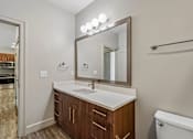 Thumbnail 43 of 64 - A bathroom with a sink, mirror, and toilet.