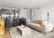Thumbnail 18 of 44 - a living room and kitchen with a couch and a coffee table at Boardwalk at Research Park in Huntsville, AL