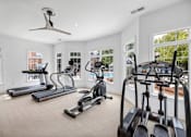 Thumbnail 23 of 45 - A spacious home gym with treadmills, elliptical machines, and a fan.
