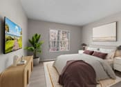 Thumbnail 7 of 67 - A modern bedroom with a large bed, a TV on the wall, and a potted plant.
