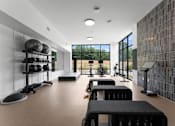 Thumbnail 20 of 25 - A gym with black and white equipment and a glass wall.