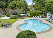 Thumbnail 19 of 50 - A large outdoor swimming pool surrounded by lounge chairs and trees.
