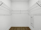 Thumbnail 6 of 44 - A white room with a wood floor and empty shelves.