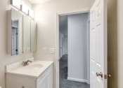 Thumbnail 10 of 36 - a bathroom with a sink and a mirror and a closet