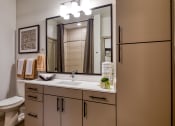 Thumbnail 12 of 38 - a bathroom with a sink and a mirror and a toilet at Aura Stonebridge, Richmond Virginia