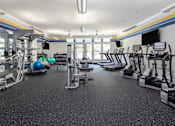 Thumbnail 19 of 20 - A spacious gym with various exercise equipment and a blue exercise ball.