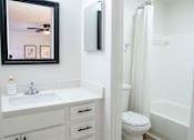 Thumbnail 22 of 31 - A white bathroom with a toilet, sink, and mirror.
