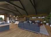 Thumbnail 17 of 20 - A modern living room with a pool table and a large couch.