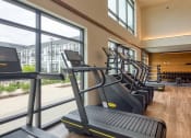 Thumbnail 59 of 81 - a gym with cardio equipment and large windows at the district at highland village apartments at Ainsworth, Richmond