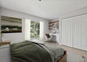 Thumbnail 24 of 67 - A bedroom with a bed, desk, and chair.