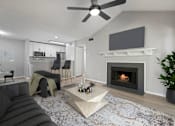 Thumbnail 4 of 67 - A modern living room with a grey sofa, a fireplace, and a television.