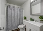 Thumbnail 15 of 32 - a bathroom with a white sink and toilet and a shower curtain