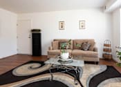 Thumbnail 10 of 22 - A living room with a couch, a coffee table, and a rug.