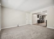 Thumbnail 48 of 57 - an empty living room with carpet and a kitchen at Shellbrook Apartments in Raleigh NC
