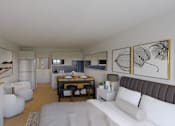 Thumbnail 11 of 20 - A modern living room with a white couch and a wooden table.