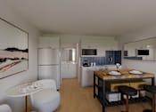 Thumbnail 12 of 20 - A modern kitchen with a breakfast bar and a painting on the wall.