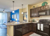 Thumbnail 35 of 60 - a kitchen with black appliances and a counter top at Proximity at ODU, Norfolk