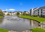 Thumbnail 56 of 56 - A fountain in the middle of a pond surrounded by grass and buildings.