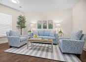 Thumbnail 24 of 27 - a living room with couches and chairs and a rug