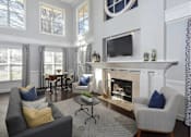 Thumbnail 17 of 20 - A living room with a grey couch, a fireplace, and a television.