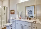 Thumbnail 23 of 53 - a bathroom with a shower toilet and sink and a mirrorat The View at Blue Ridge Commons Apartments, Roanoke, VA