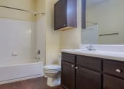 Thumbnail 47 of 60 - a bathroom with a sink toilet and bath tub at Proximity at ODU, Norfolk, Virginia