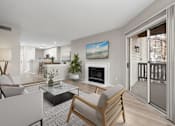 Thumbnail 1 of 67 - A modern living room with a fireplace and a painting on the wall.