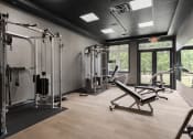 Thumbnail 8 of 9 - a gym with weights and equipment in a room with windows
