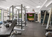 Thumbnail 18 of 55 - a gym with exercise equipment and a wall with a mural at The Lincoln in NC 27601