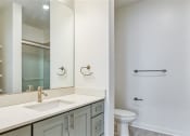 Thumbnail 14 of 47 - a bathroom with a sink, toilet, and mirror at The Port at East Beach Apartments and Marina, Norkfolk