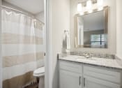 Thumbnail 19 of 44 - a bathroom with a shower toilet and sink at Wendover River Oaks, Greensboro, NC, 27409