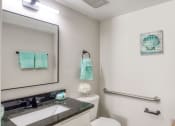 Thumbnail 30 of 52 - a bathroom with a sink and a mirror and a toilet at Bayville Apartments, Virginia Beach, VA