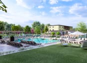 Thumbnail 22 of 44 - a rendering of a pool with lounge chairs and umbrellas at Boardwalk at Research Park, Huntsville