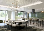 Thumbnail 29 of 44 - a dining room with a long table and chairs and a kitchen  at Boardwalk at Research Park, Alabama