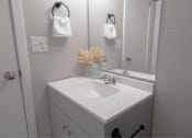 Thumbnail 15 of 18 - A white bathroom sink with a vase of dried flowers on top.