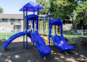 Thumbnail 1 of 16 - A playground with a blue slide and a yellow slide.
