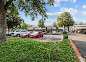 Thumbnail 2 of 18 - A parking lot with cars and trees.