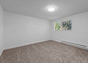 Thumbnail 2 of 15 - A room with a carpeted floor and a window with a view of trees.