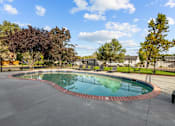 Thumbnail 9 of 15 - A round pool surrounded by a black fence and trees.