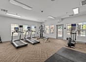 Thumbnail 10 of 25 - A gym with treadmills, elliptical machines, and a bench.